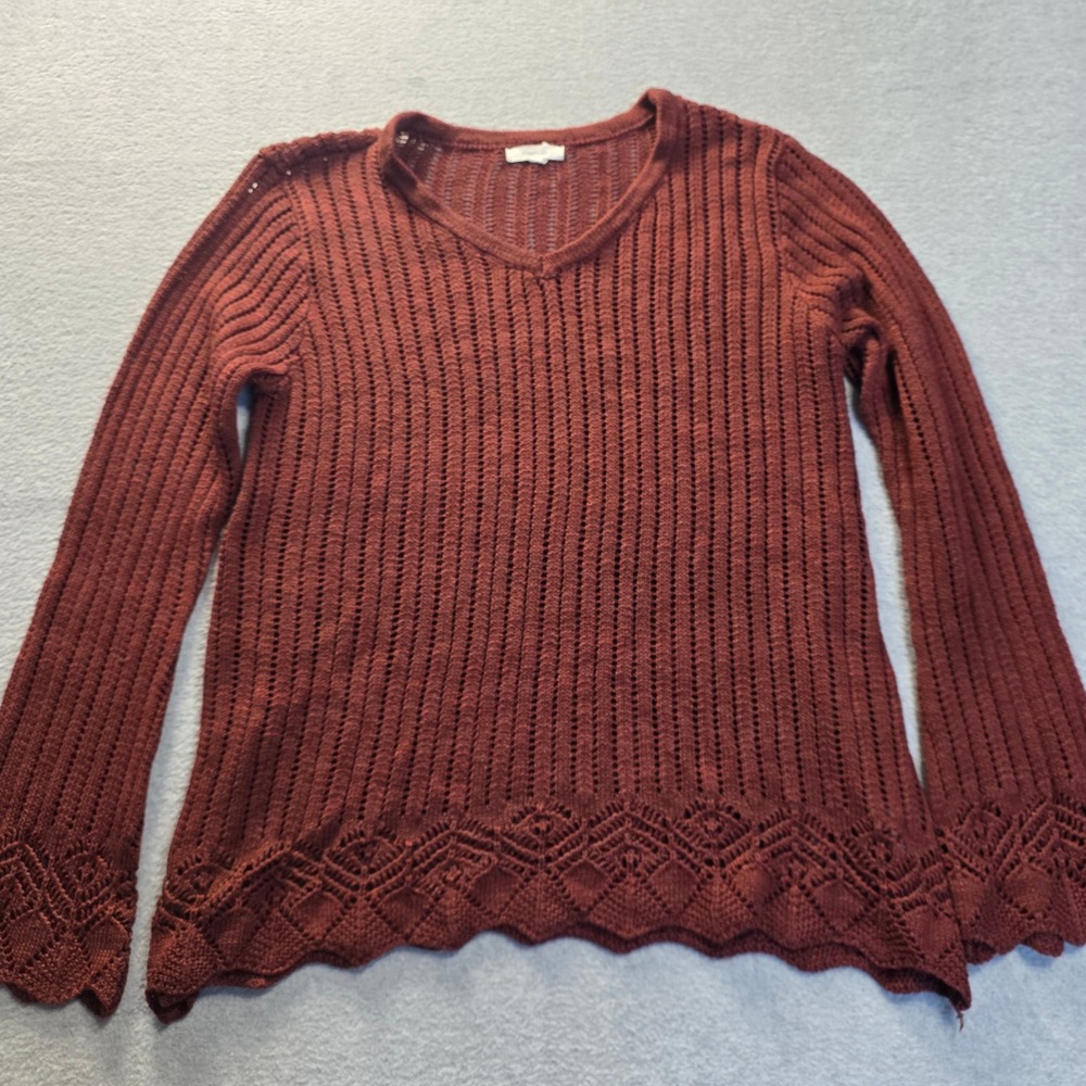 Maurices Womens Large Burgundy V-Neck Open Knit Pointelle Sweater Scalloped Hem